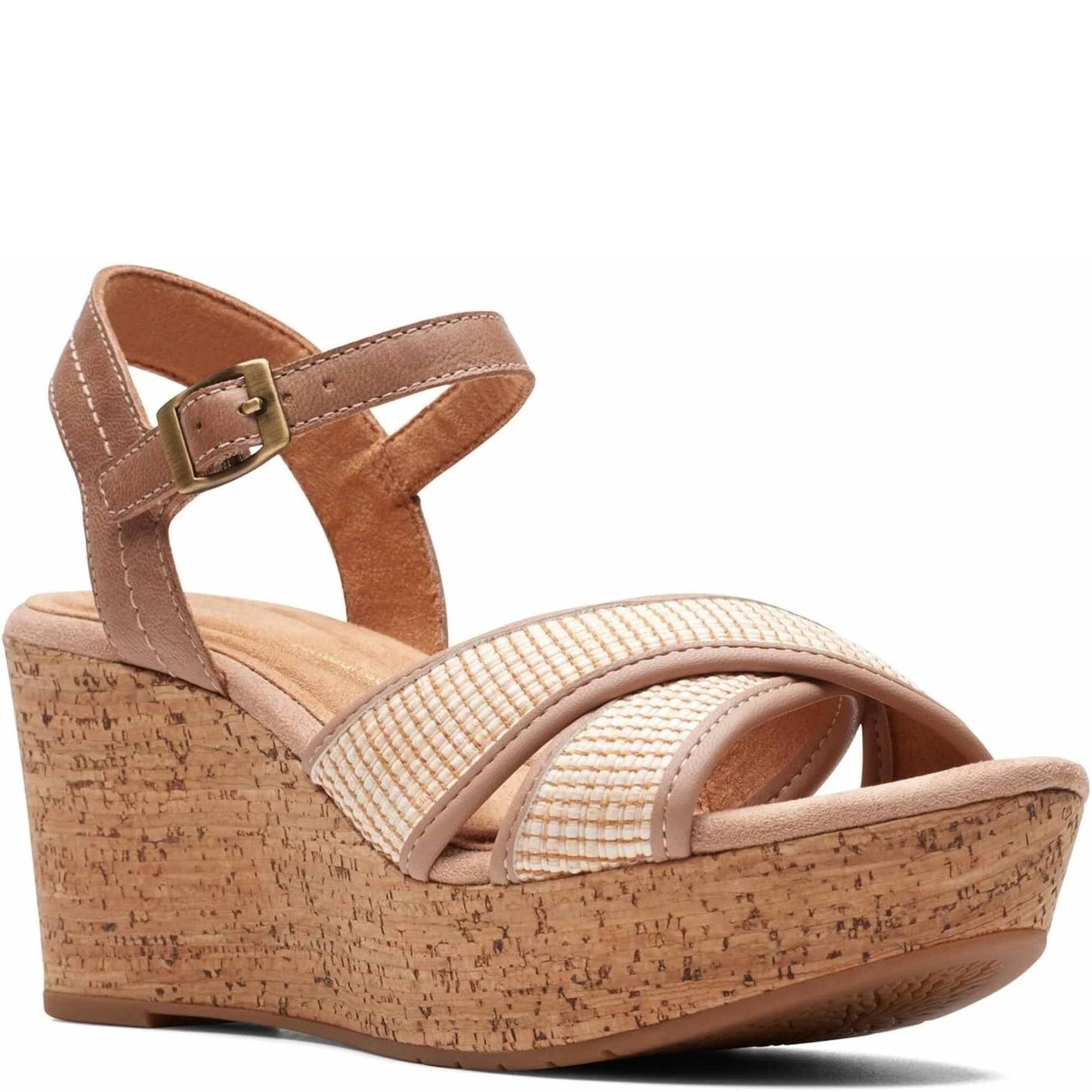 New Clarks Women's Elleri Plum Wedge Sandal In Praline Leather
